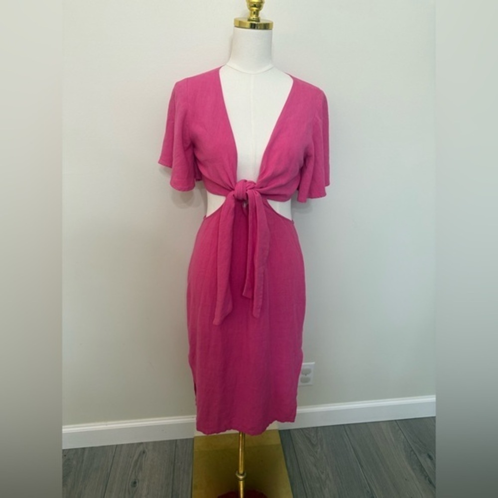 Bloomingdale Dress Pink Linen Blend Cut Out Barbie Tie Front